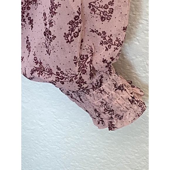 Lucky Brand pink floral Peasant Boho Mixed media V neck  ruffle blouse top SZ L - Picture 9 of 13
